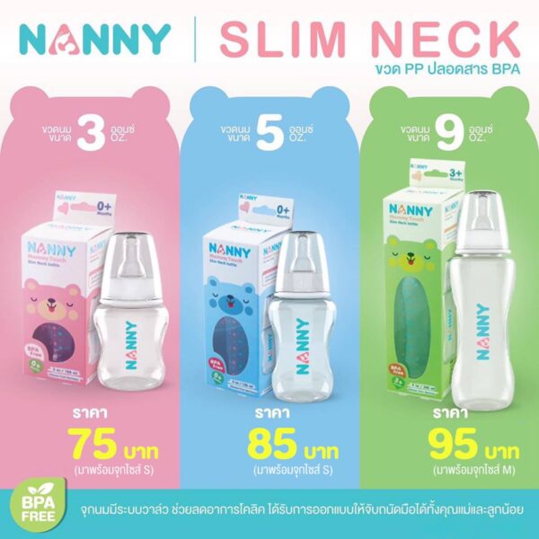 NANNY Slim Neck ขวดนม ขวด PP ปลอดสาร BPA จุกนมมีระบบวาล์ว ช่วยลดอาการโคลิค ออกแบบให้จับถนัดมือได้ทั้งคุณแม่และลูกน้อย