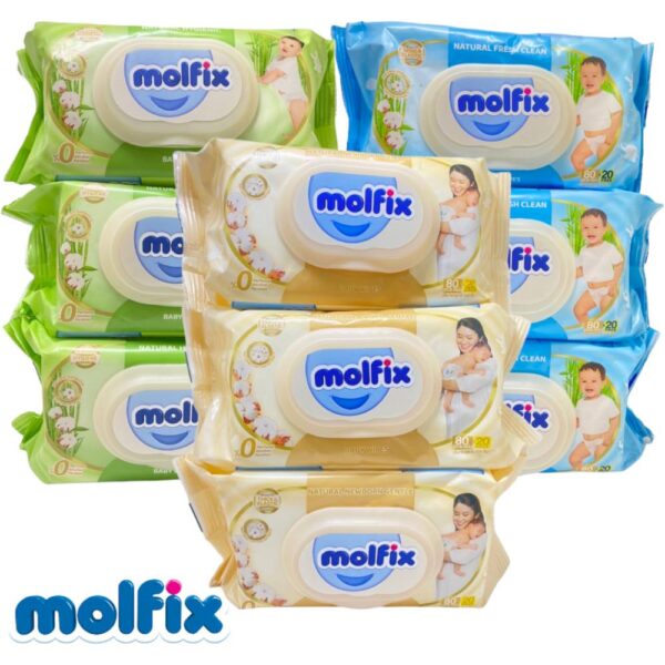 ( แพ็ค 5 ห่อ ) Molfix Baby Wipes ทิชชู่เปียก จากธรรมชาติ อ่อนโยน ปลอดภัย ( มีตัวเลือกสูตร )