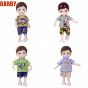 Darby ตุ๊กตาเด็กผู้ชายตัวเล็ก BJD 16 ซม. 13 ข้อต่อ ตาสีเหลือง สีฟ้า พร้อมเสื้อผ้า ข้อต่อขยับได้ ตาจําลอง 3D บานพับ 16 ซม. ของขวัญวันเกิด