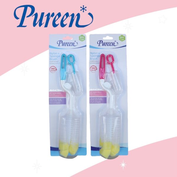 Pureenแปรงล้างขวดนม เพียวรีน แปรงล้างขวดนมและจุกนม ปลาย ฟองน้ำ  (ด้ามหมุน)รหัส1080